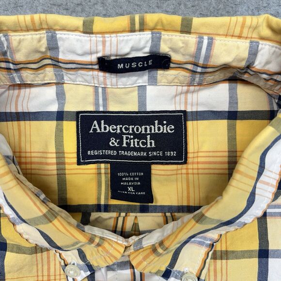 Abercrombie & Fitch Muscle Fit Plaid Button-Down Shirt Men’s XL Yellow Blue - Picture 5 of 10